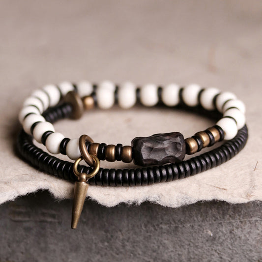 Wear FengShui Bone Beads Ebony Wood Copper Strength Couple Bracelet
