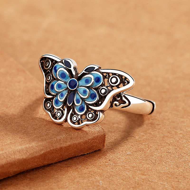 Wear FengShui Hollow Enamel Blue Butterfly Pattern Love Ring