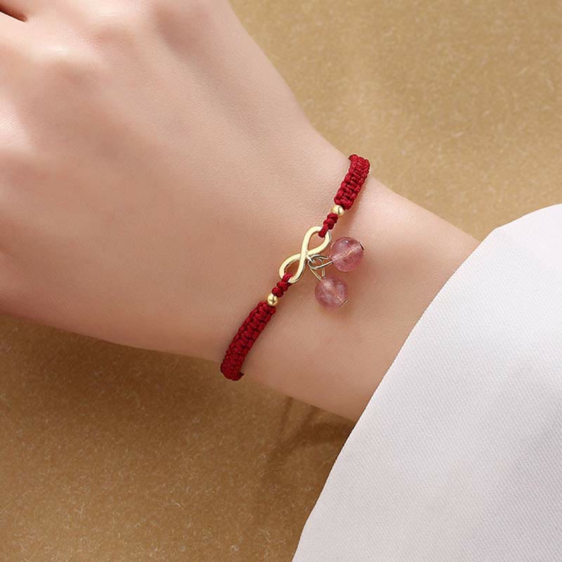 Wear FengShui Strawberry Quartz Crystal Endless Knot Love Healing Red String Weave Bracelet