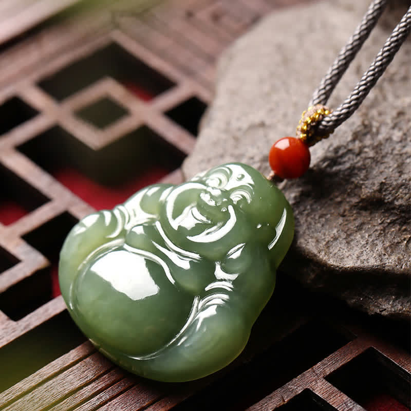 Wear FengShui Laughing Buddha Hetian Jade Abundance Necklace String Pendant