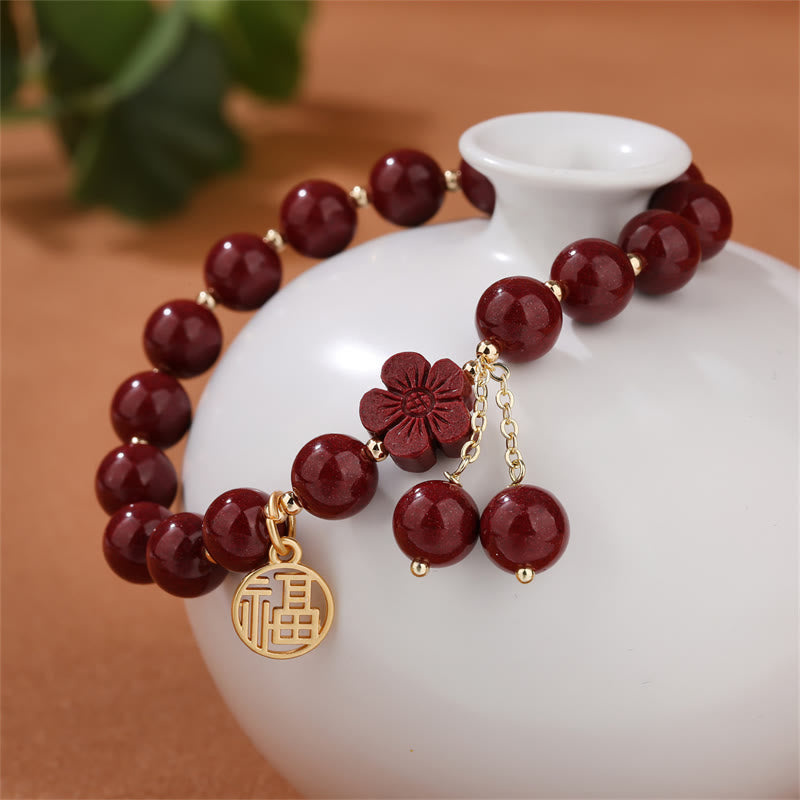 Wear FengShui Cinnabar Fu Character Cherry Blossom Blessing Bracelet