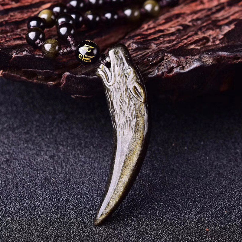 Wear FengShui Natural Black Obsidian Ice Obsidian Rainbow Obsidian Wolf Tooth Pattern Strength Necklace Pendant