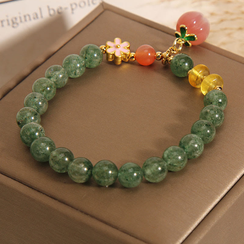 Wear FengShui Natural Green Strawberry Quartz Love Peach Charm Bracelet