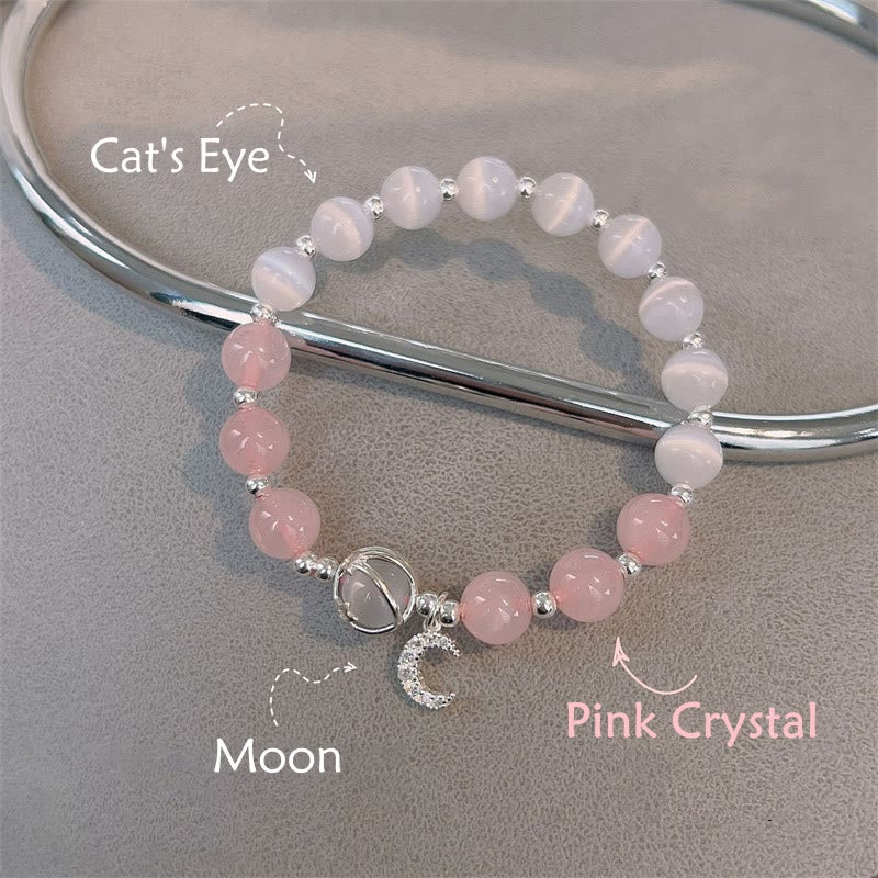 Wear FengShui Natural Cat's Eye Pink Crystal Moon Love Charm Bracelet