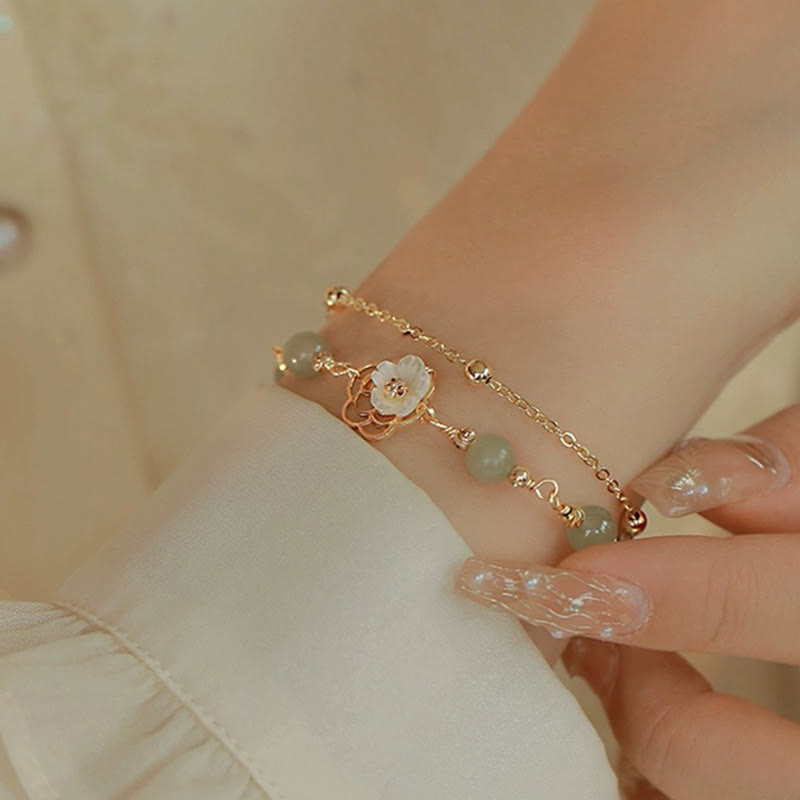 Wear FengShui 14K Gold Plated Jade Butterfly Tridacna Stone Flower Double Layer Luck Bracelet