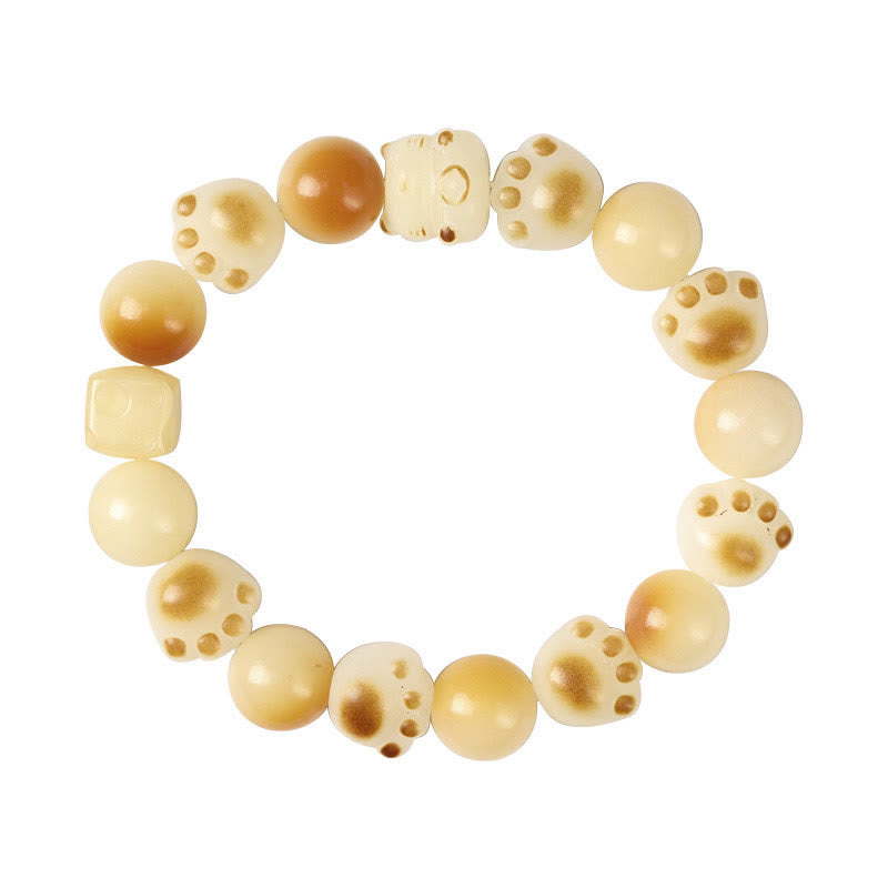 Wear FengShui Natural Bodhi Seed Sandalwood Lucky Cute Cat Head Paw Claw Peace Bracelet