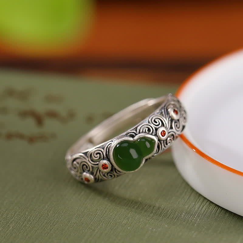 Wear FengShui 925 Sterling Silver Red Agate Cyan Jade Gourd Blessing Auspicious Ring