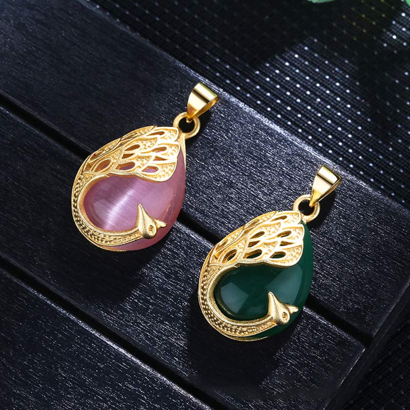 Wear FengShui Pink Crystal Green Chalcedony Peacock Copper Soothing Love Necklace Pendant
