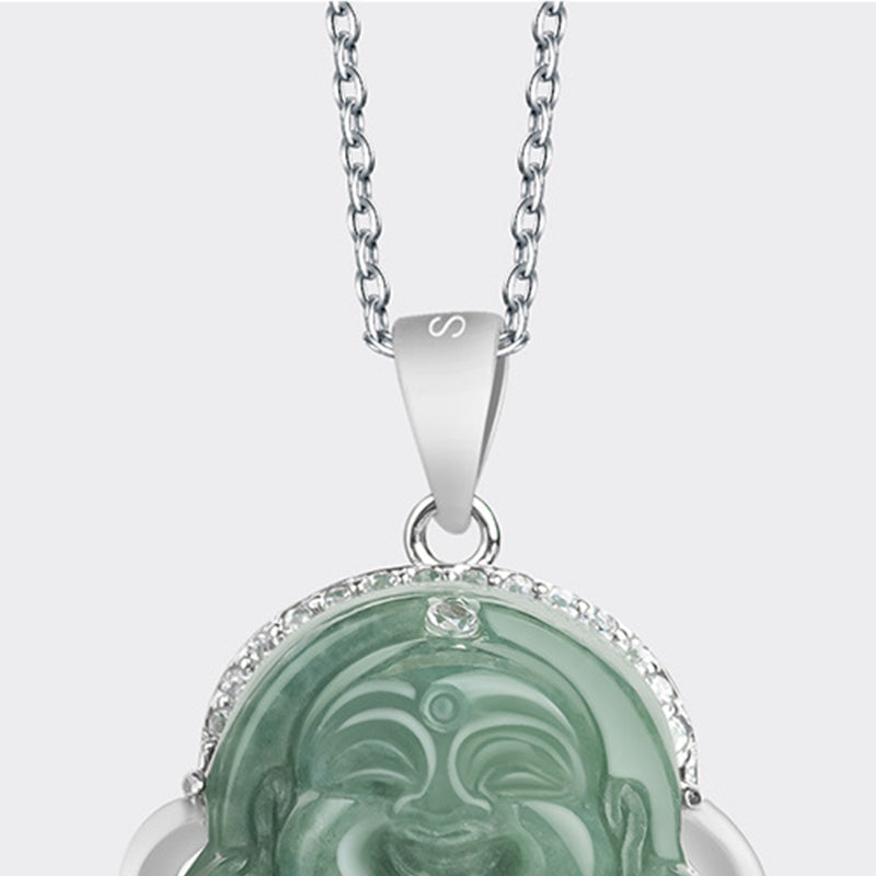 Wear FengShui Laughing Buddha Jade Abundance Necklace Titanium Steel Chain Pendant