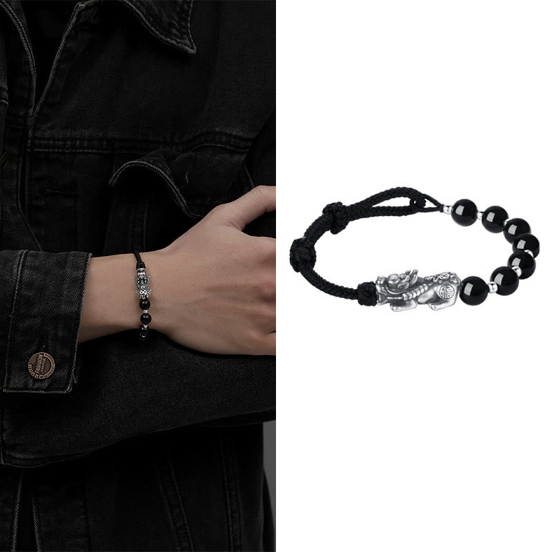 Wear FengShui 999 Sterling Silver FengShui PiXiu Natural Black Obsidian 925 Sterling Silver Bead Strength Bracelet