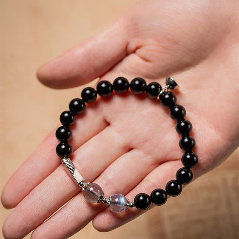 Wear FengShui 925 Sterling Silver Obsidian Moonstone Strength Couple Bracelet