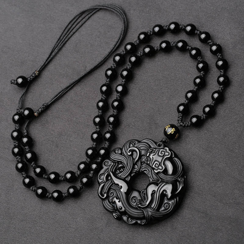 Wear FengShui Natural Black Obsidian Peace Buckle Pixiu Purification Necklace Pendant