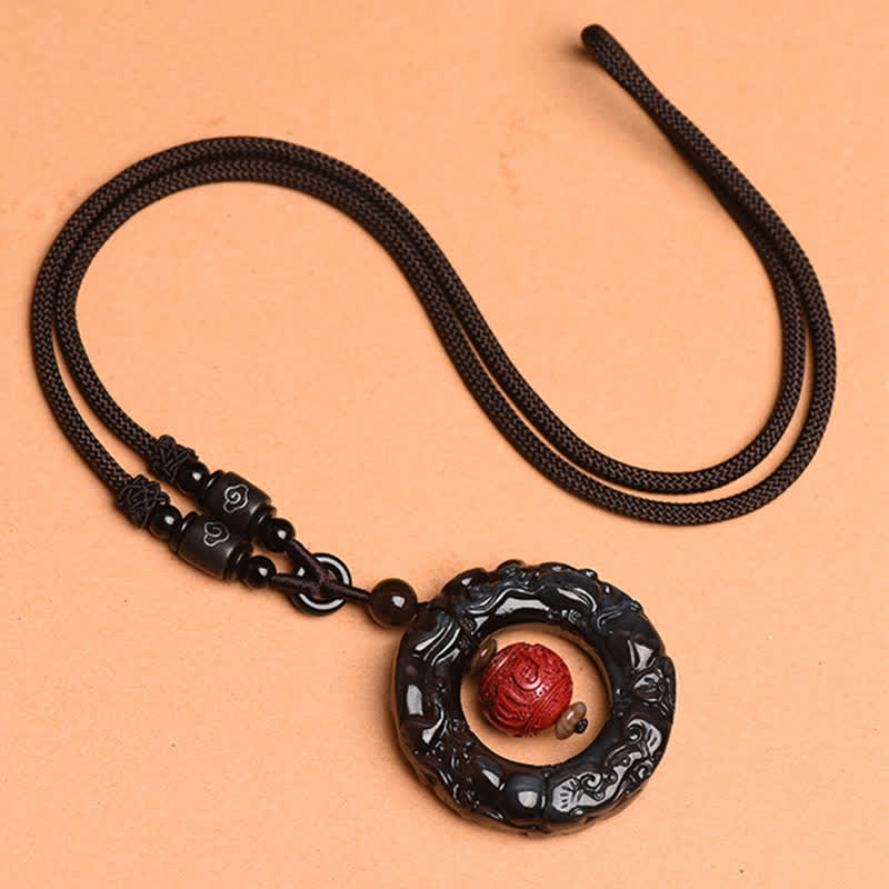 Wear FengShui FengShui Natural Rainbow Obsidian PiXiu Cinnabar Healing Necklace Pendant