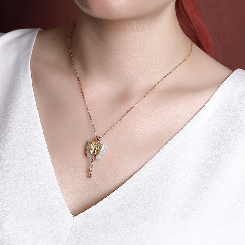 Wear FengShui 925 Sterling Silver Plated Gold Hetian White Jade Butterfly Blessing Necklace Pendant