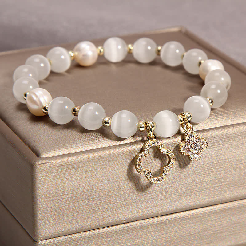 Wear FengShui Cat's Eye Lovely Cat Pattern Pearl Love Charm Bracelet