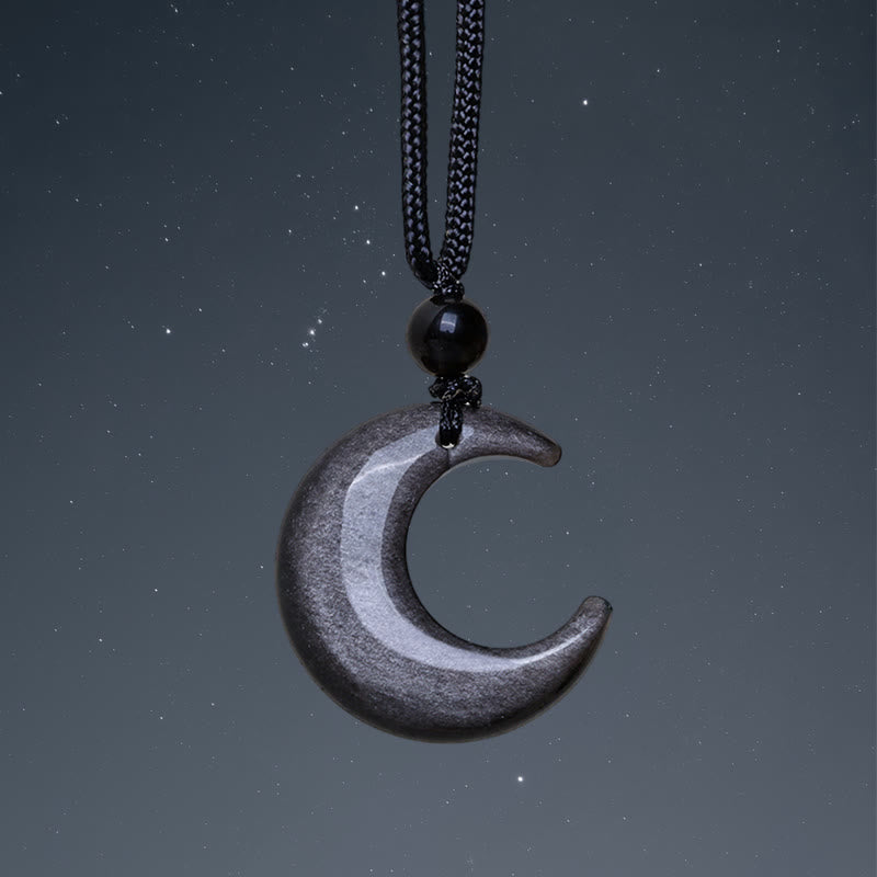 Wear FengShui Natural Silver Sheen Obsidian Selenite Crystal Crescent Moon Yin Yang Couple Protection Necklace Pendant