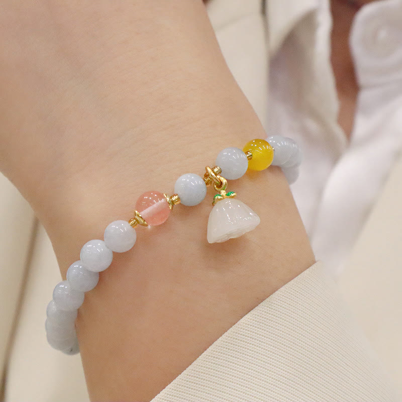 Wear FengShui Natural Aquamarine Chalcedony Serenity Rabbit Gourd Cat Charm Bracelet