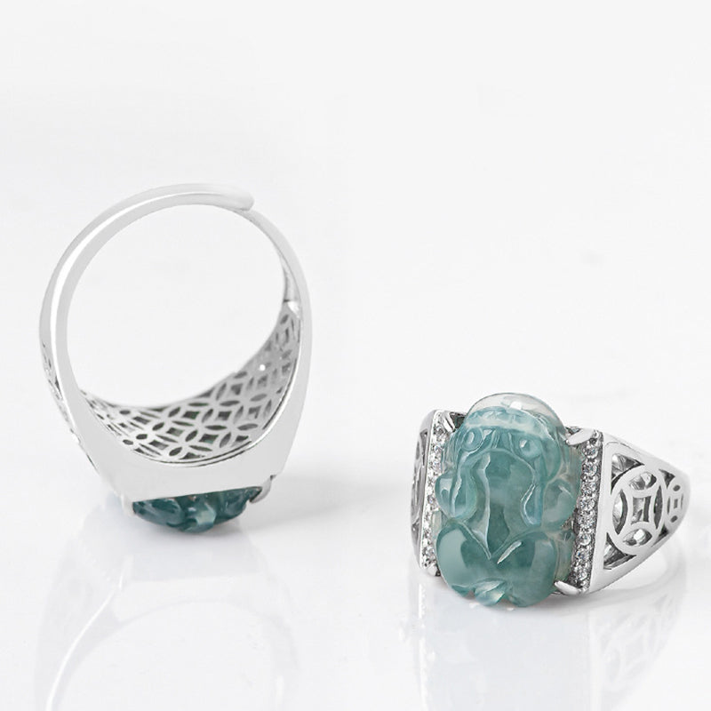 Wear FengShui 925 Sterling Silver Fengshui Wealth Prosperity Jade PiXiu Luck Ring