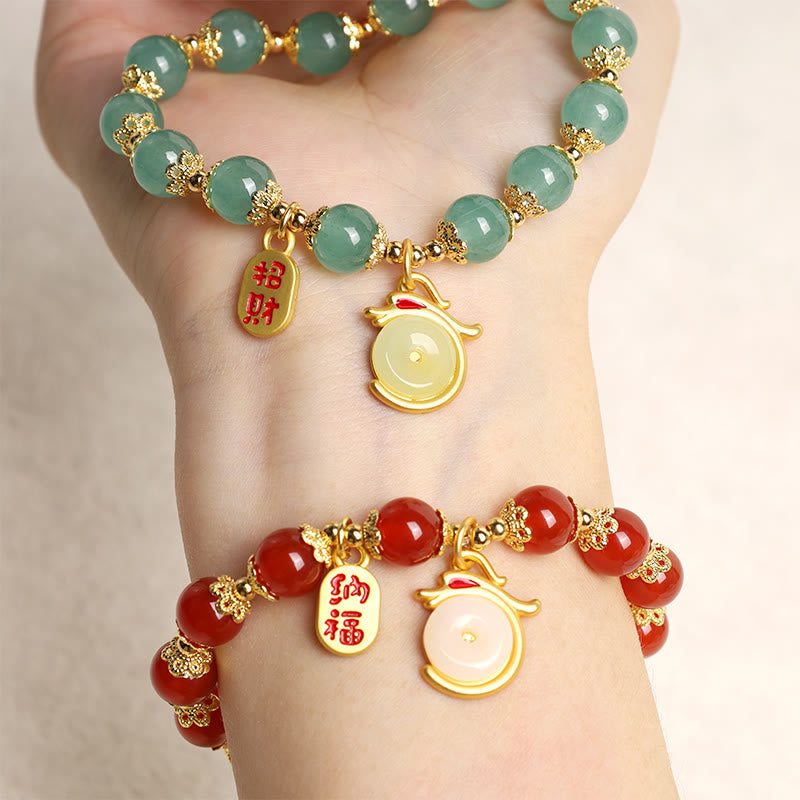 Wear FengShui Year of the Dragon Red Agate Green Aventurine Peace Buckle Fu Character Lucky Fortune Bracelet