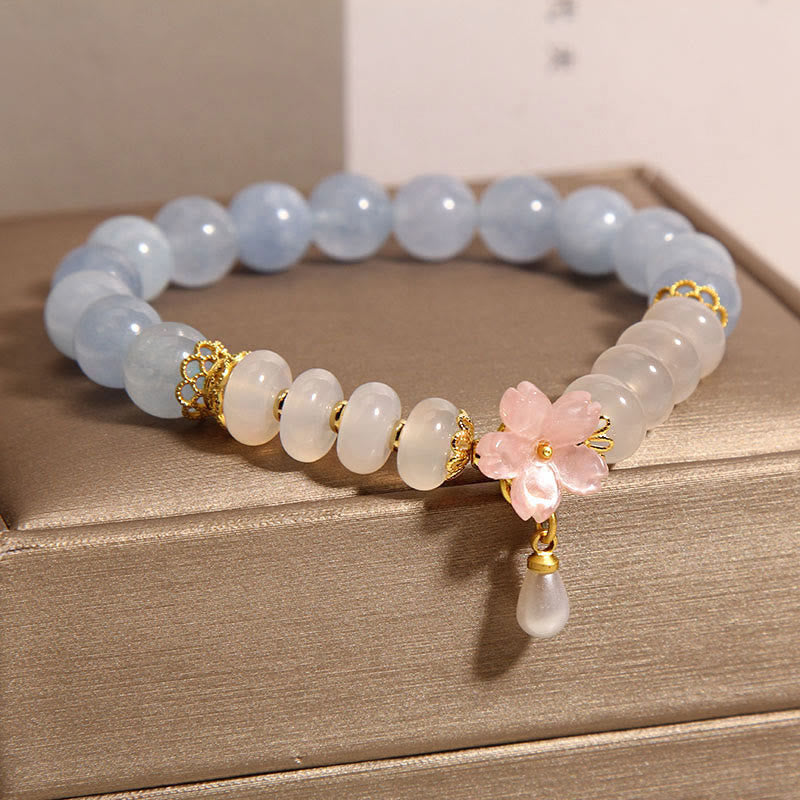 Wear FengShui Aquamarine White Agate Pearl Abacus Beads Flower Healing Bracelet