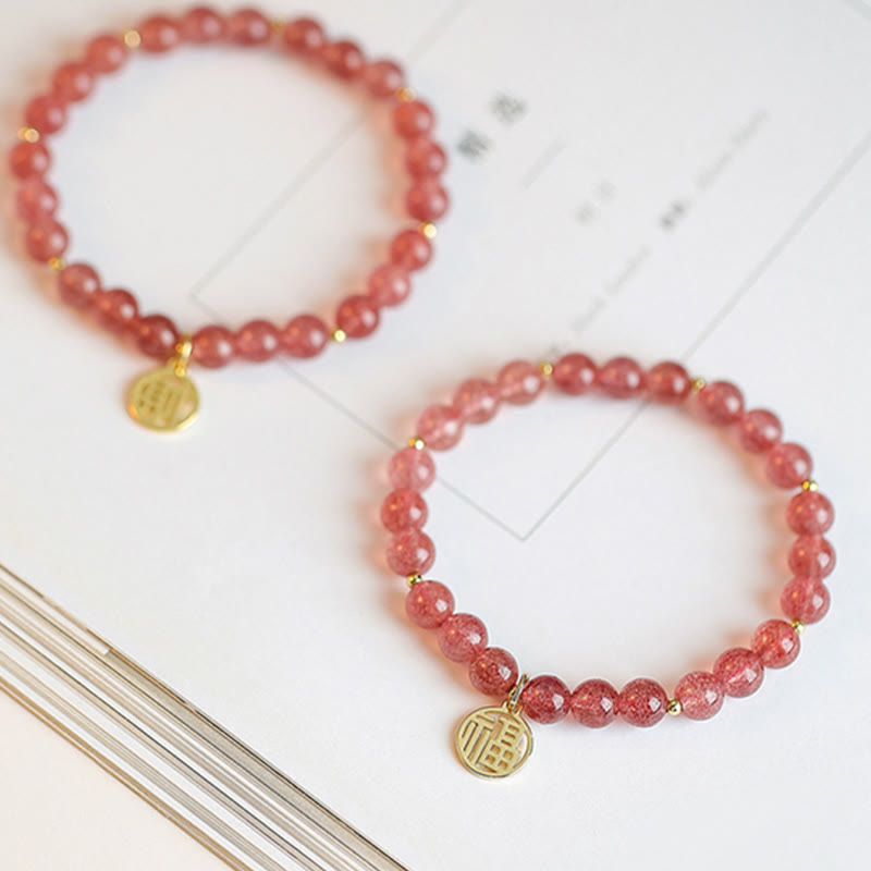 Wear FengShui 14K Gold Plated Strawberry Quartz Fu Character Healing Charm Bracelet