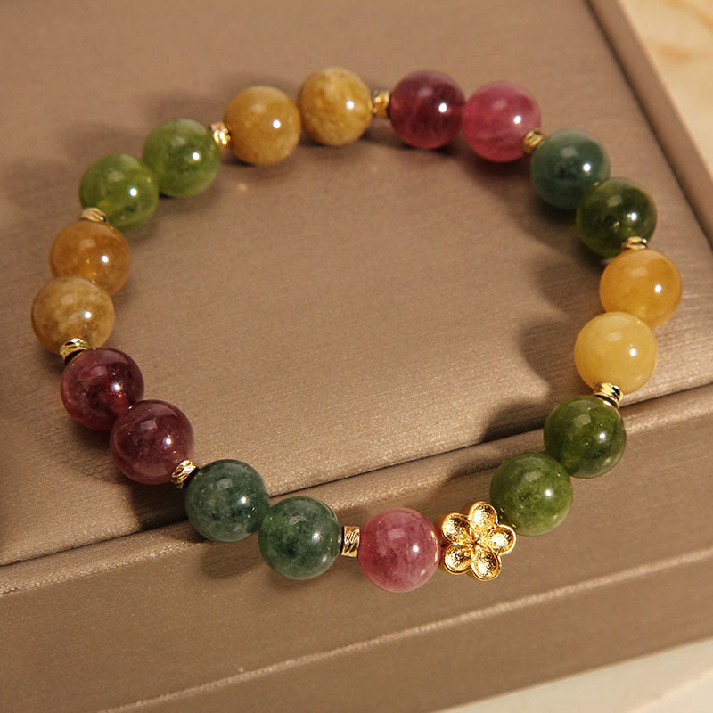 Wear FengShui Natural Colorful Tourmaline Golden Flower Positive Bracelet