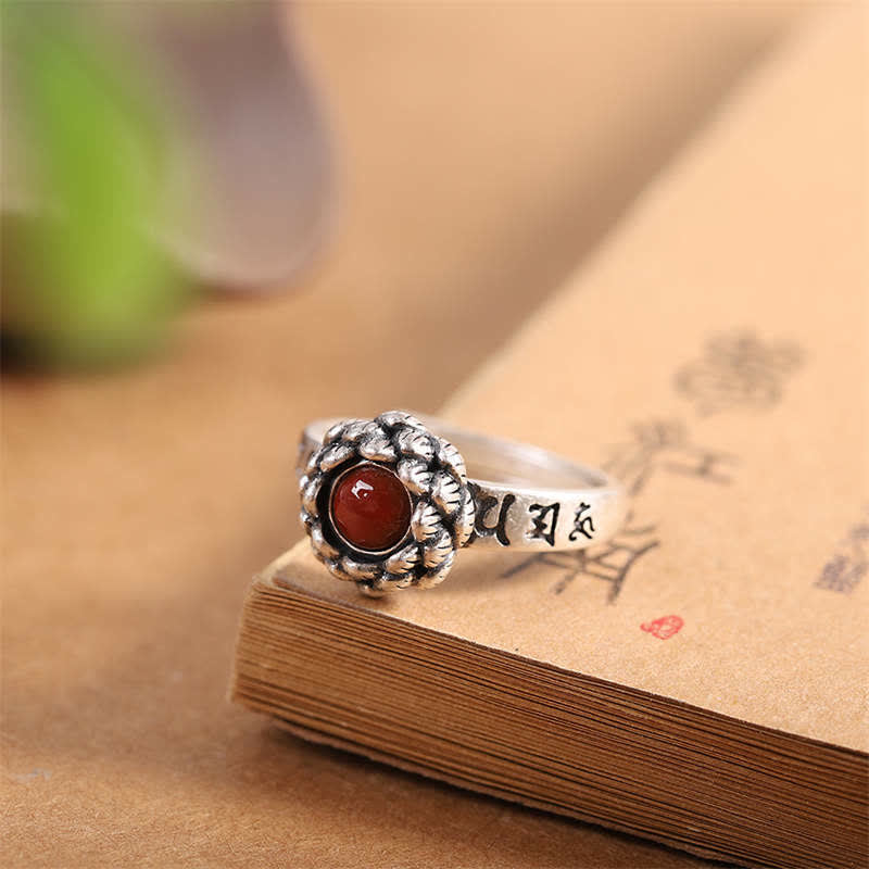 Wear FengShui925 Sterling Silver Lotus Red Agate Confidence Blessing Ring