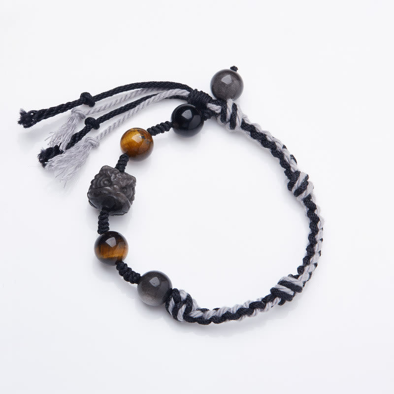 Wear FengShui Natural Fluorite Amethyst Silver Sheen Obsidian Tiger's Eye Protection Rope Bracelet