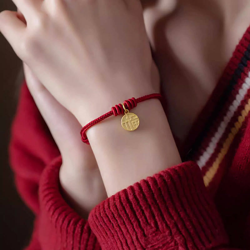 Wear FengShui Handmade Eight Thread Peace Knot Fu Character Charm Luck Happiness Red Rope Bracelet