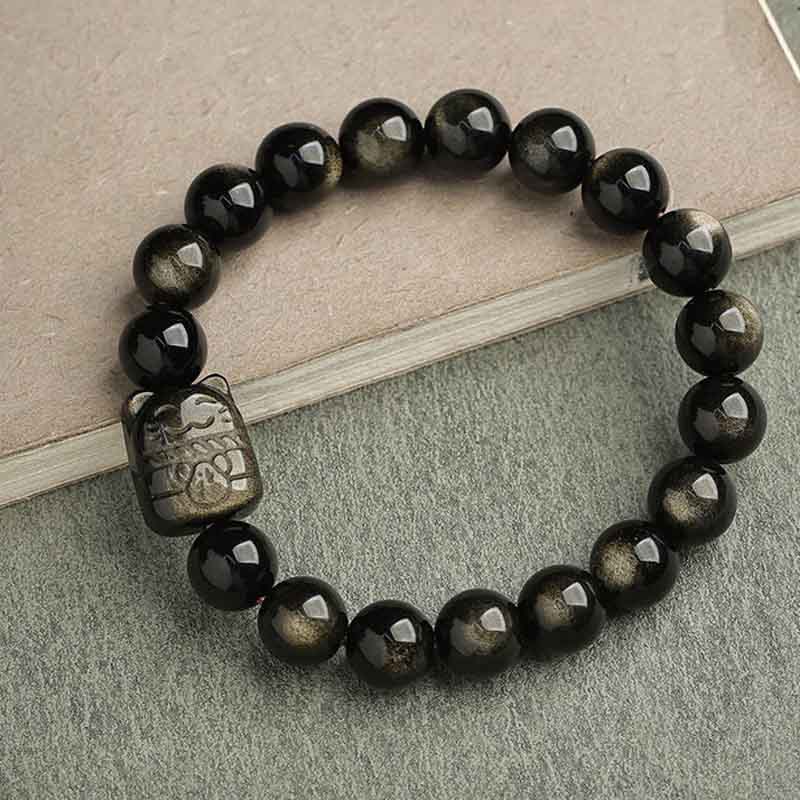 Wear FengShui Gold Sheen Obsidian Silver Sheen Obsidian Lovely Paw Lucky Cat Protection Bracelet