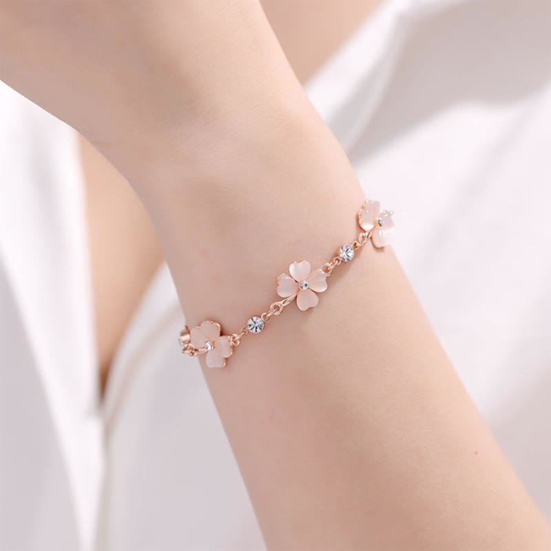 Wear FengShui Pink Crystal Four Leaf Clover Love Chain Bracelet