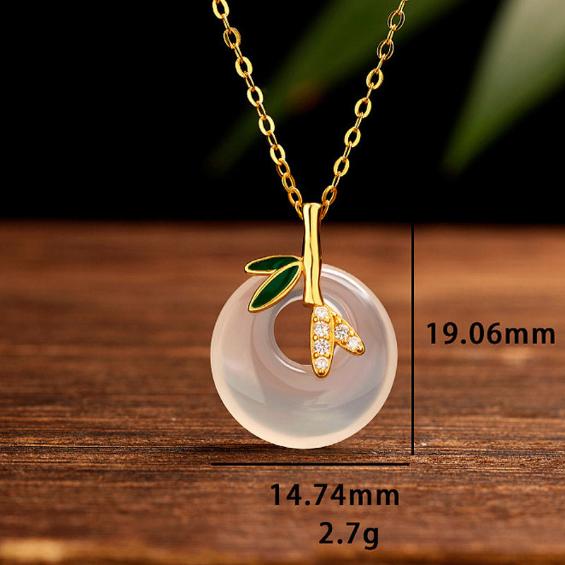 Wear FengShui 925 Sterling Silver Natural Chalcedony Bamboo Leaf Peace Buckle Positive Necklace Pendant