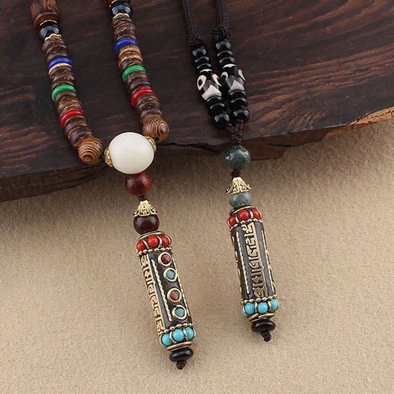 Wear FengShui Tibetan Om Mani Padme Hum Dzi Bead Wenge Wood Necklace Pendant