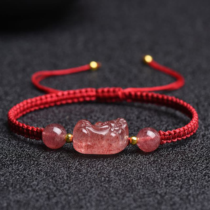 Wear FengShui Natural Strawberry Quartz PiXiu Lucky Red String Bracelet