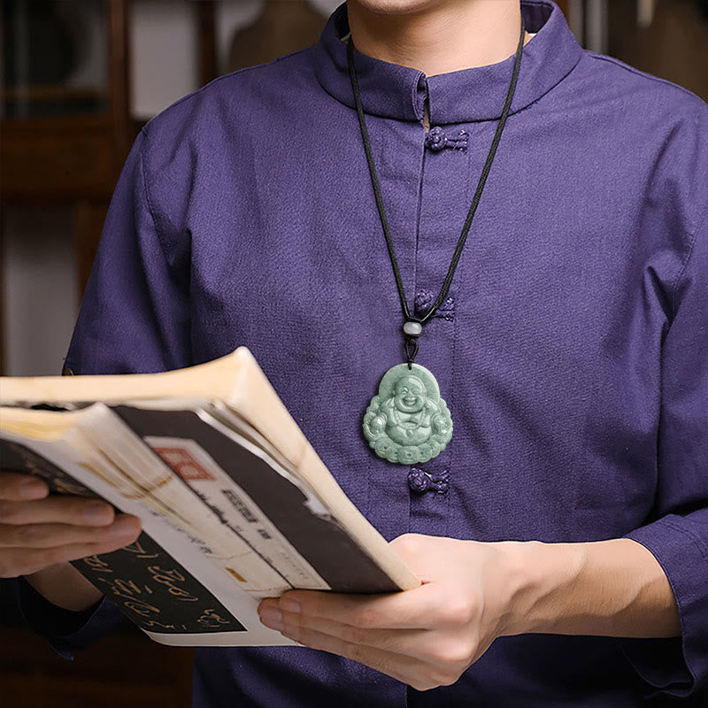 Wear FengShui Laughing Buddha Natural Jade Copper Coin Abundance Necklace Pendant