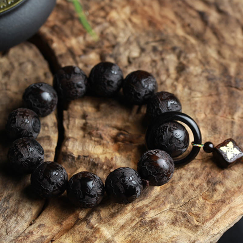 Wear FengShui Ebony Wood Chinese Character Yin Yang Engraved Gourd Balance Bracelet