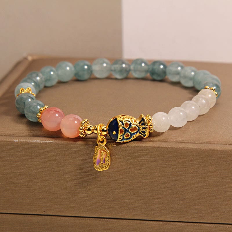 Wear FengShui Jade Yanyuan Agate White Jade Koi Fish Scripture Charm Luck Bracelet