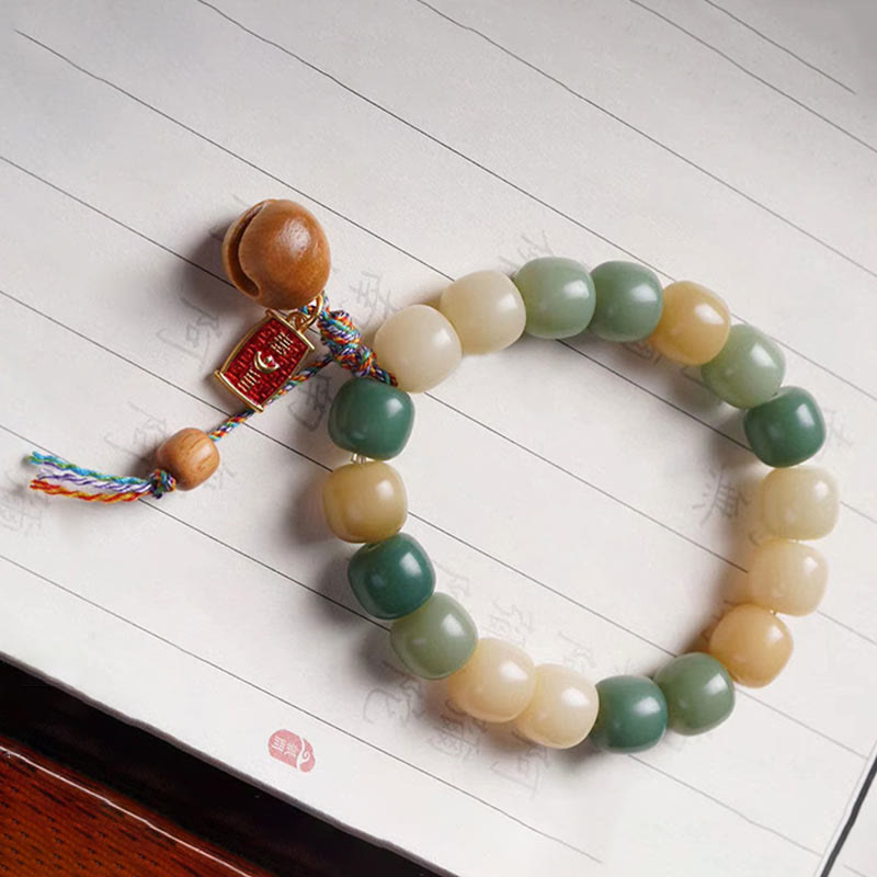 Wear FengShui Natural Gradient Bodhi Seed Wisdom Wooden Fish Drum Charm Bracelet