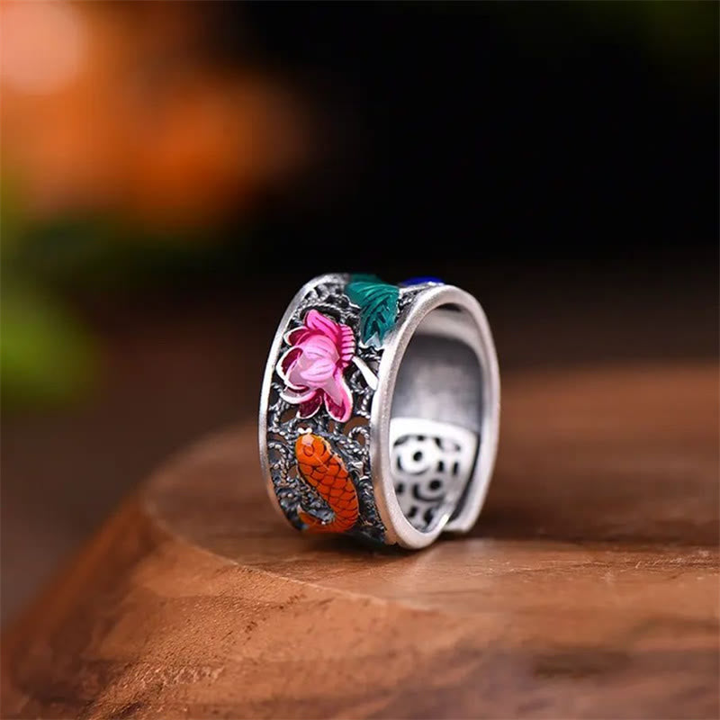 Wear FengShui Copper Blue Enamel Lotus Heart Sutra Koi Fish Luck Ring