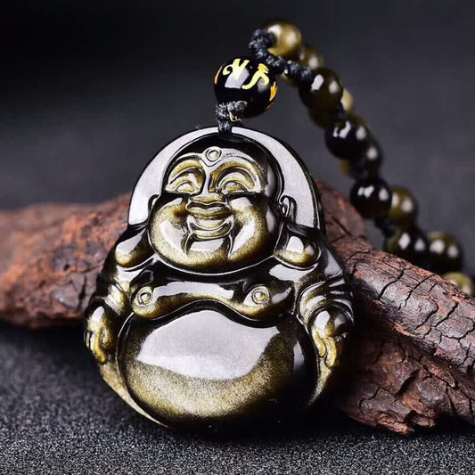 Wear FengShui Laughing Buddha Gold Sheen Obsidian Wealth Necklace Pendant