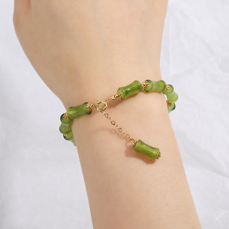 Wear FengShui Green Bamboo Pattern Liuli Crystal Moss Agate Wealth Chain Bracelet
