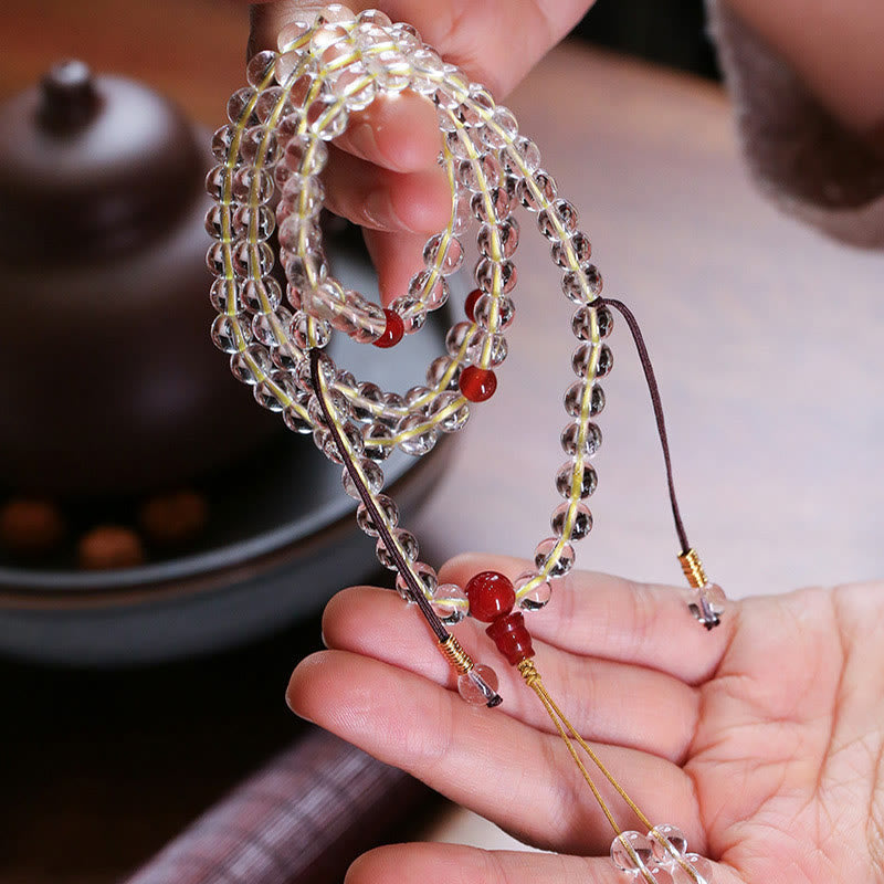 Wear FengShui 108 Mala Beads 925 Sterling Silver Natural White Agate Red Agate Quadruple Wrap Protection Bracelet