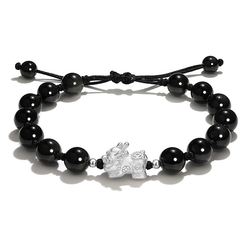 Wear FengShui Natural Black Obsidian Cat's Eye Pink Crystal PiXiu Strength Bracelet