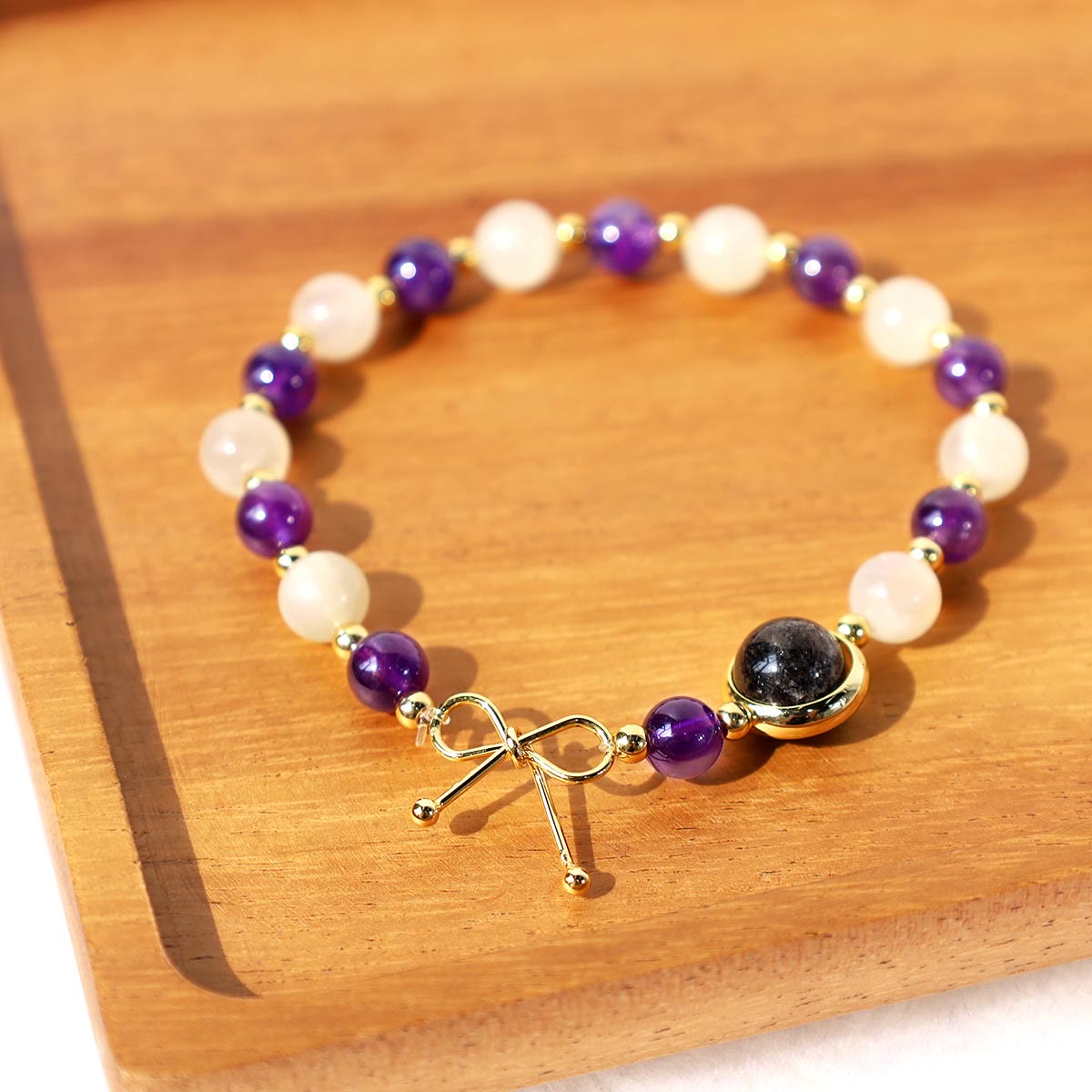 Wear FengShui Amethyst Cat Eye Black Rutilated Quartz Spiritual Bead Bracelet