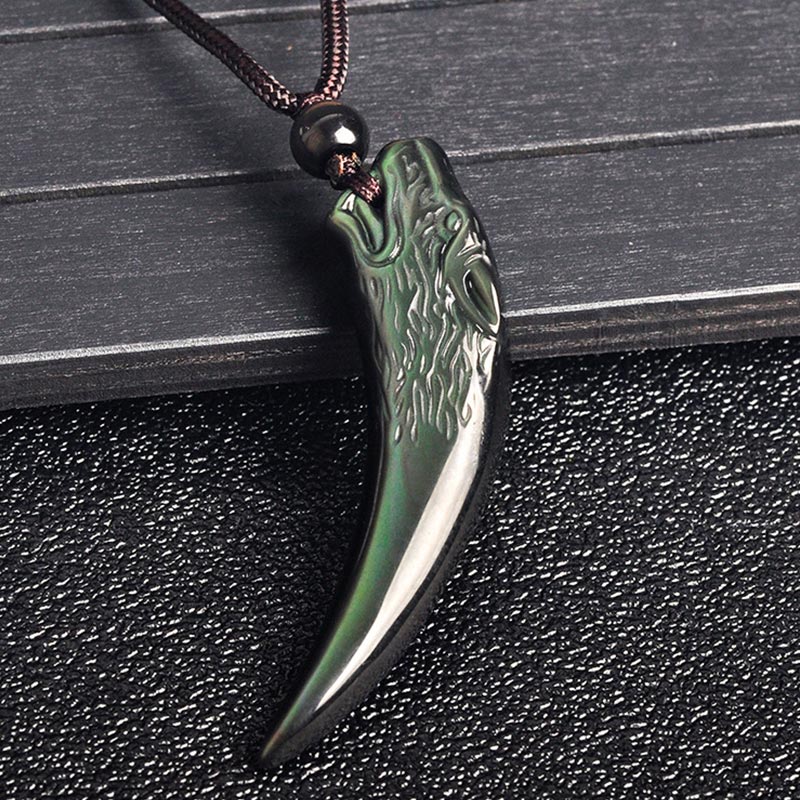 Wear FengShui Natural Black Obsidian Ice Obsidian Rainbow Obsidian Wolf Tooth Pattern Strength Necklace Pendant