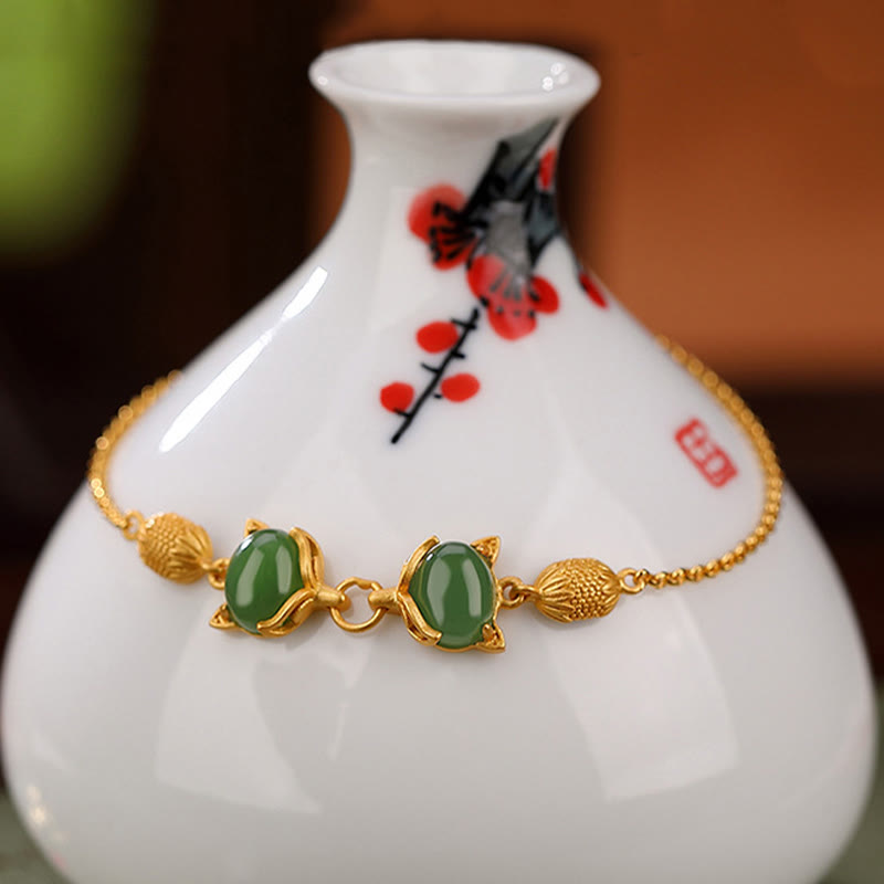 Wear FengShui 925 Sterling Silver Natural Hetian White Jade Cyan Jade Lovely Fox Luck Bracelet