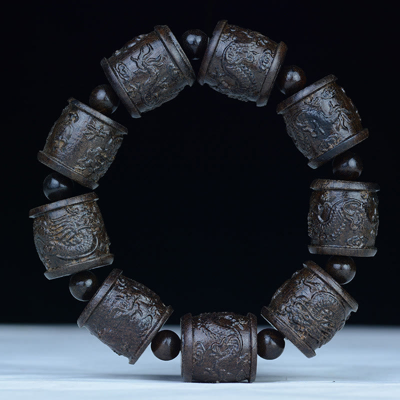 Wear FengShui Ebony Wood Eighteen Arhats Lotus Dragon Engraved Balance Bracelet