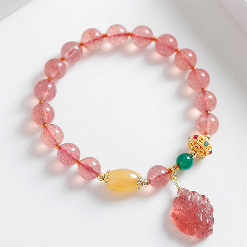 Wear FengShui Natural Strawberry Quartz Nine Tailed Fox Healing Bracelet