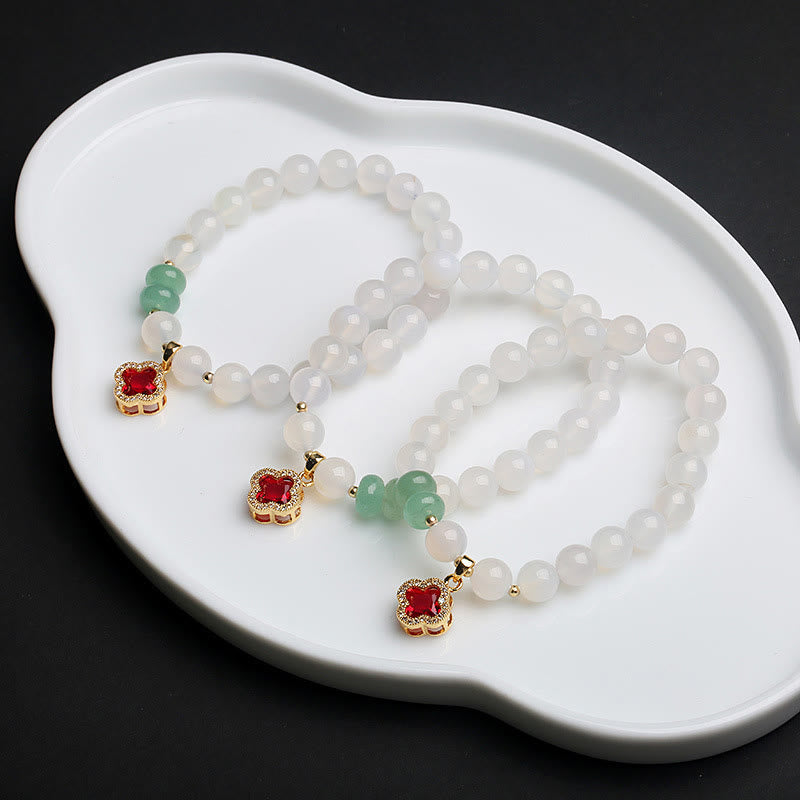 Wear FengShui Natural White Agate Red Agate Money Bag Fu Character Four Leaf Clover Protection Bracelet