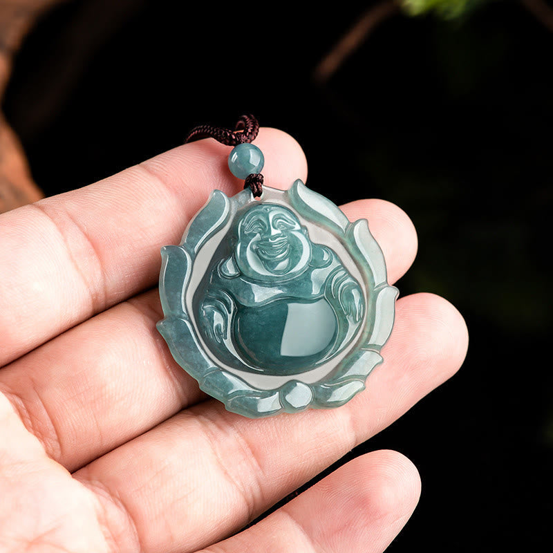 Wear FengShui Natural Jade Laughing Buddha Lotus Pattern Luck Necklace Pendant